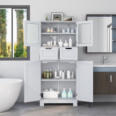 Armoire de Salle de Bains avec Porte en Verre Trempé, Meuble de Rangement sur Pied avec 2 Tiroirs et Cabinet Fermé