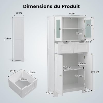 Armoire de Salle de Bains avec Porte en Verre Trempé, Meuble de Rangement sur Pied avec 2 Tiroirs et Cabinet Fermé