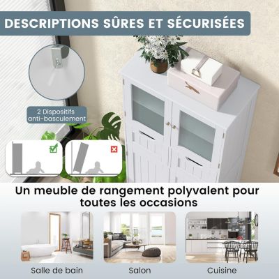 Armoire de Salle de Bains avec Porte en Verre Trempé, Meuble de Rangement sur Pied avec 2 Tiroirs et Cabinet Fermé