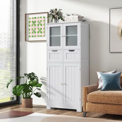 Armoire de Salle de Bains avec Porte en Verre Trempé, Meuble de Rangement sur Pied avec 2 Tiroirs et Cabinet Fermé