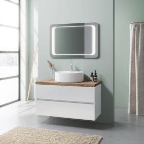 Armoire de salle de bains suspendue blanche brillante avec plan de travail en chêne de 100 cm, lavabo à poser et miroir led