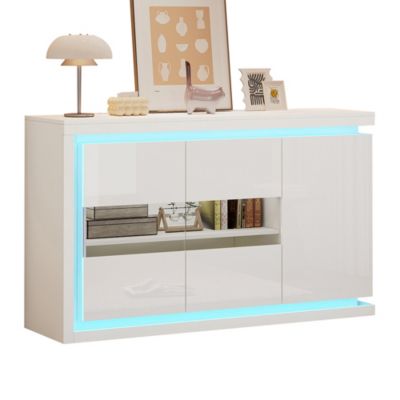 Meuble de rangement 140 x 40 x 60 cm buffet led avec 3 portes 1 tiroir étagères réglables blanc brillant mdf