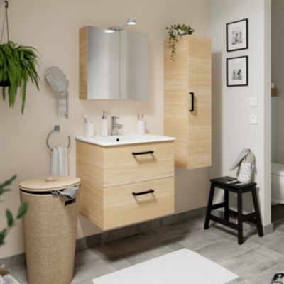 Armoire de toilette effet chêne et 2 portes miroir l.55 x H.54 xP.14,6 cm, Opah
