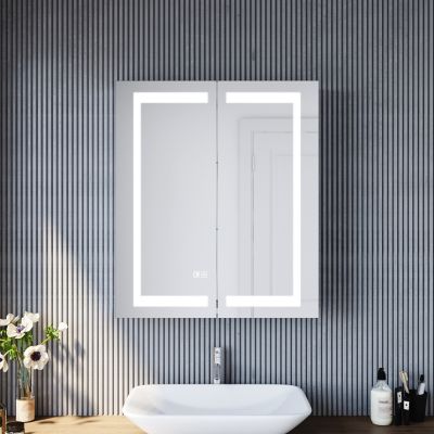 Armoire de toilette en Acier Inoxydable SIRHONA Miroir double 60x70 cm Interrupteur tactile LED + Prise rasoir + Grand rangement