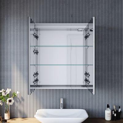 Armoire de toilette en Acier Inoxydable SIRHONA Miroir double 60x70 cm Interrupteur tactile LED + Prise rasoir + Grand rangement