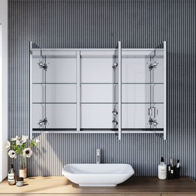 Armoire de toilette en Acier Inoxydable SIRHONA Miroir double 90x65 cm Interrupteur tactile LED + Prise rasoir + Grand rangement