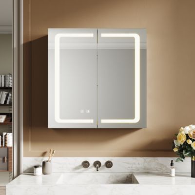 Armoire de toilette en Aluminium SIRHONA Miroir multi-surfaces 65x65 cm Interrupteur tactile LED + Anti-buée + Prise rasoir