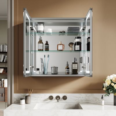 Armoire de toilette en Aluminium SIRHONA Miroir multi-surfaces 65x65 cm Interrupteur tactile LED + Anti-buée + Prise rasoir