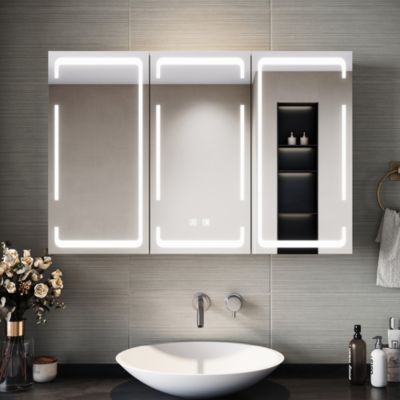 Armoire de toilette LED Blanc 90x60cm SIRHONA avec 3 porte Miroir de salle de bain avec armoire de rangement