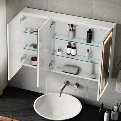 Armoire de toilette LED Blanc 90x60cm SIRHONA avec 3 porte Miroir de salle de bain avec armoire de rangement