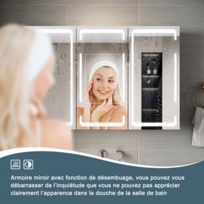 Armoire de toilette LED Blanc 90x60cm SIRHONA avec 3 porte Miroir de salle de bain avec armoire de rangement