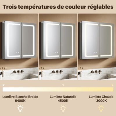 Armoire de toilette miroir aluminium 65x65cm LED tactile anti-buée prise SIRHONA