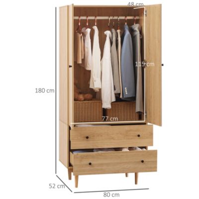 Armoire design scandinave - 2 portes, penderie, 2 tiroirs - piètement bois de pin panneaux aspect bois clair