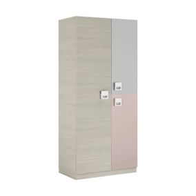 Armoire Dgorett, armoire de chambre, armoire avec 3 portes et 3 Etageres avec tringle à vêtements, 90x52h200 cm, gris et rose