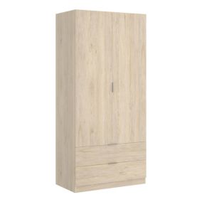 Armoire Dlunin, Cintre pour chambre à coucher, Armoire avec 2 portes battantes et 2 tiroirs, 81x52h184 cm, Chêne