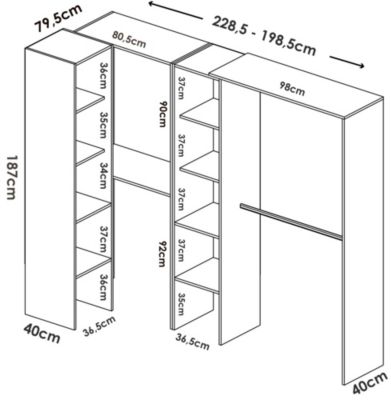 Armoire Dmagrin, Structure pour dressing d'angle, Cintre d'angle ouvert, 228x79h187 cm, Blanc