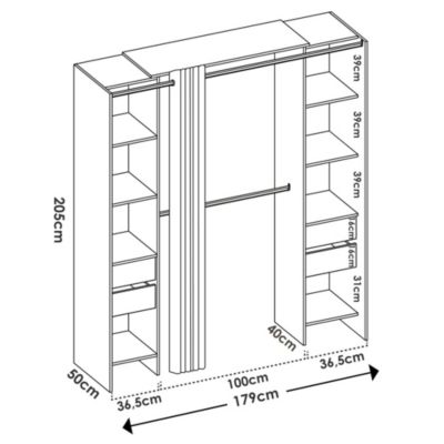 Armoire Dmanari, Structure pour dressing, Cintre ouvert, 180x50h205 cm, Blanc et Gris