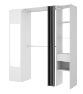 Armoire dressing avec 1 colonne + miroir + rideau coloris blanc - Longueur 177 x Profondeur 52 x Hauteur 205 cm