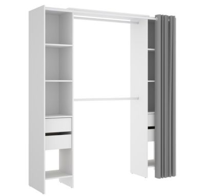 Armoire dressing extensible avec rideau + 4 tiroirs coloris blanc - Longueur 100-180 x Hauteur 203 x Profondeur 50 cm