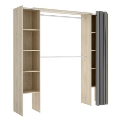 Armoire dressing extensible coloris chêne naturel avec rideau  - Longueur 180 x Profondeur 50 x Hauteur 205 cm