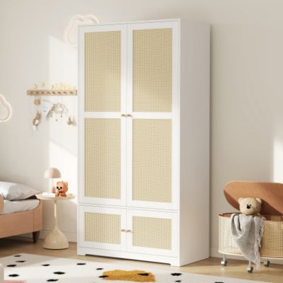 Armoire en rotin 90x48x180 cm - Avec penderie et étagères - 4 portes en rotin - Panneaux en MDF et laqué - Blanc