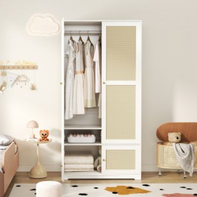 Armoire en rotin 90x48x180 cm - Avec penderie et étagères - 4 portes en rotin - Panneaux en MDF et laqué - Blanc
