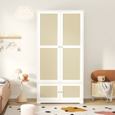 Armoire en rotin 90x48x180 cm - Avec penderie et étagères - 4 portes en rotin - Panneaux en MDF et laqué - Blanc