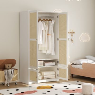 Armoire en rotin 90x48x180 cm - Avec penderie et étagères - 4 portes en rotin - Panneaux en MDF et laqué - Blanc