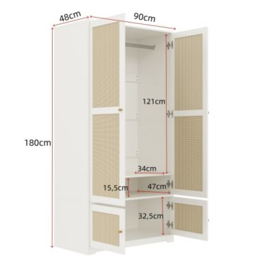 Armoire en rotin 90x48x180 cm - Avec penderie et étagères - 4 portes en rotin - Panneaux en MDF et laqué - Blanc