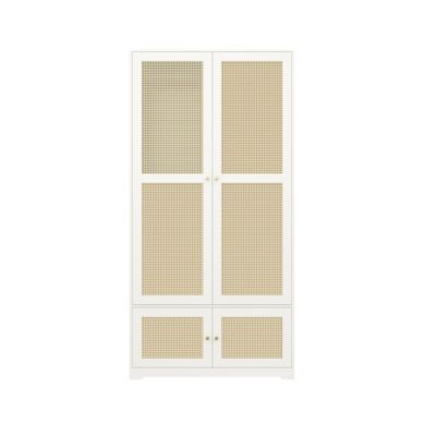 Armoire en rotin 90x48x180 cm - Avec penderie et étagères - 4 portes en rotin - Panneaux en MDF et laqué - Blanc