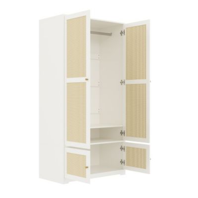 Armoire en rotin 90x48x180 cm - Avec penderie et étagères - 4 portes en rotin - Panneaux en MDF et laqué - Blanc