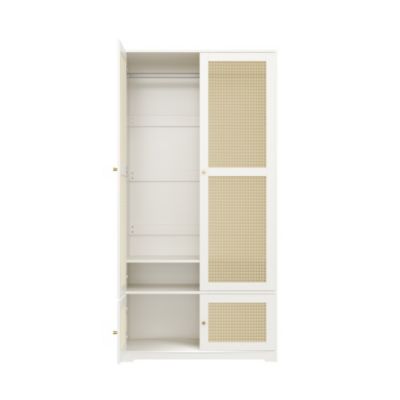 Armoire en rotin 90x48x180 cm - Avec penderie et étagères - 4 portes en rotin - Panneaux en MDF et laqué - Blanc