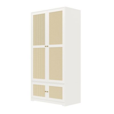 Armoire en rotin 90x48x180 cm - Avec penderie et étagères - 4 portes en rotin - Panneaux en MDF et laqué - Blanc