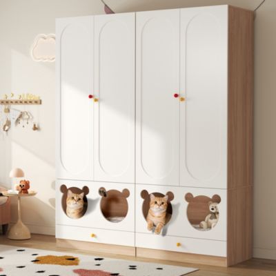 Armoire Enfant avec Tringle/Poignées Céramique, Niche Chat Intégrée, Meuble Chambre Multifonction - MDF Blanc/Bois, 160x50x200 cm