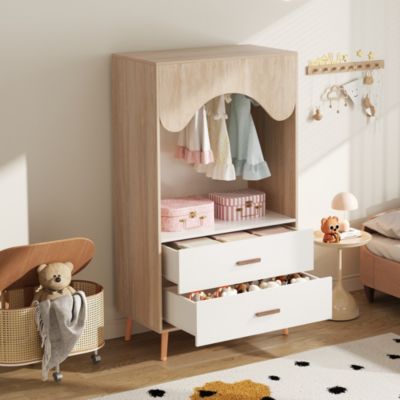 Armoire Enfant - Penderie Ouverte avec 2 Tiroirs, Meuble de Chambre Pratique - Bois MDF, Blanc et Bois Naturel, 80x46x141,5 cm