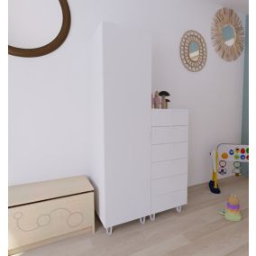 Armoire et commode blanches sur pieds 6 tiroirs chambre enfant GoodHome Atomia H. 198,5 x L. 100 x P. 58 cm