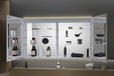 Armoire à glace aluminium murale salle de bain et toilettes, étagère miroir LED encastrée + prise, UP7012, H.70cm x L.120cm
