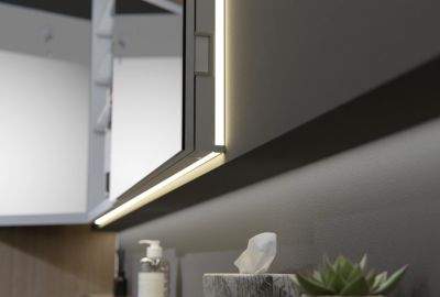 Armoire à glace aluminium murale salle de bain et toilettes, étagère miroir LED encastrée + prise, UP7012, H.70cm x L.120cm