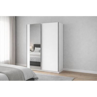 Armoire GOZU 151 cm avec 2 portes coulissantes et miroir  Blanc