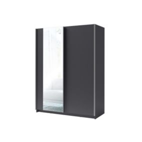 Armoire GOZU 2 portes coulissantes avec miroir - Coloris Gris Graphite - 180 x 198 x 62 cm