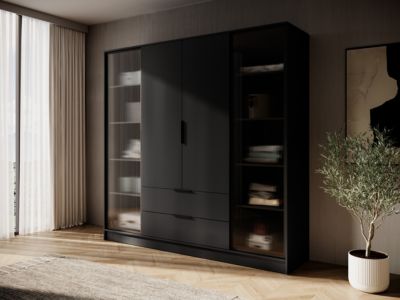 Massido Armoire Textile Grande Capacité 45x135x175 Cm – 8 Étagères + 2 Barres, Graphite – Rangement Chambre Robuste