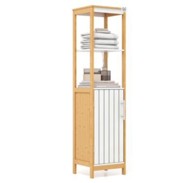 Armoire Haute Autoportante de Salle de Bain Etagere Reglable en Bambou Naturel