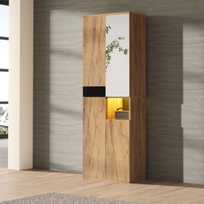 Armoire Haute avec Miroir et 4 Portes, Meuble de Rangement avec Niche Ouverte - Noir et Bois 65x35x190 cm