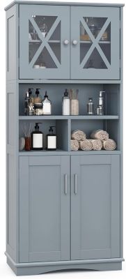 Armoire Haute de Salle de Bain Armoire de Rangement Autoportante avec 2 Placards à Portes Étagères Réglables Gris
