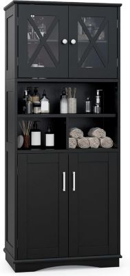 Armoire Haute de Salle de Bain,avec 2 Placards à Portes,3 Étagère Ouvertes, pour Salon, Salle à Manger, 60 x 30 x 145 cm (Noir)