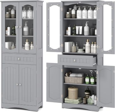 Armoire Hautede Salle de Bain 160 CM, Portes en Verre, Étagères Réglables,Grand Tiroir, pour Cuisine, Salon, 60x30x160cm (Gris)