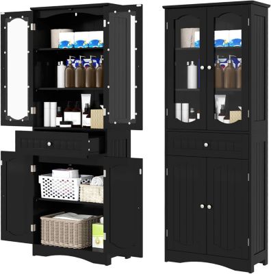 Armoire Hautede Salle de Bain 160 CM,Portes en Verre, Étagères Réglables,Grand Tiroir,pour Cuisine, Salon, 60x30x160cm (Noir)