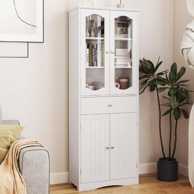 Armoire Hautede Salle de Bain 160 CM Portes en Verre Trempé Étagères Réglables Grand Tiroir