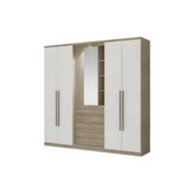 Armoire ISAK II - 4 portes - Miroir et tiroirs - L240 cm - Chêne et ivoire