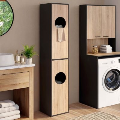 Armoire à linge buanderie, colonne de salle de bain WALLIS noir et bois façon hêtre